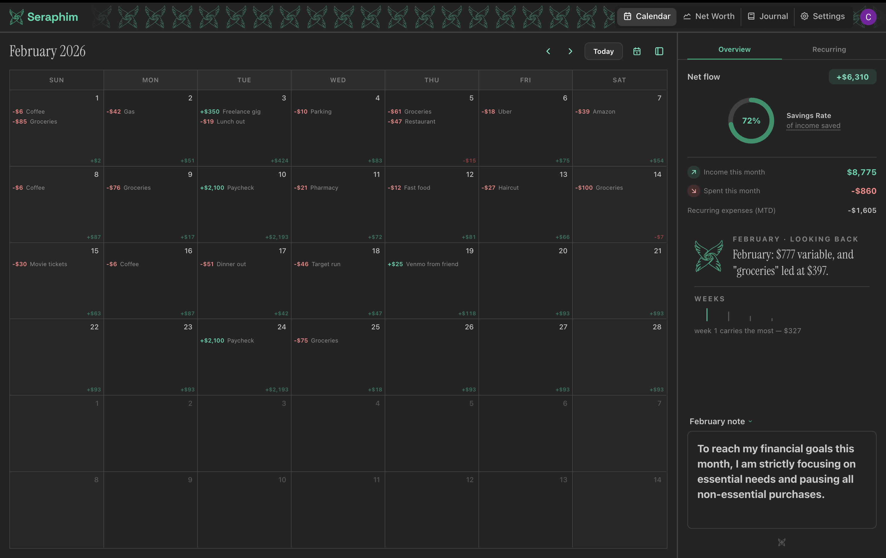 The Seraphim app: a monthly calendar of income and expenses with a savings-rate side panel